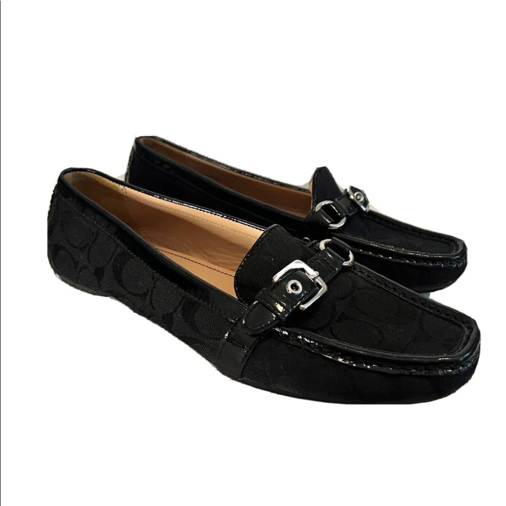 Coach Stacie Loafers Signature C Black Patent Leather Canvas Flats Size 9